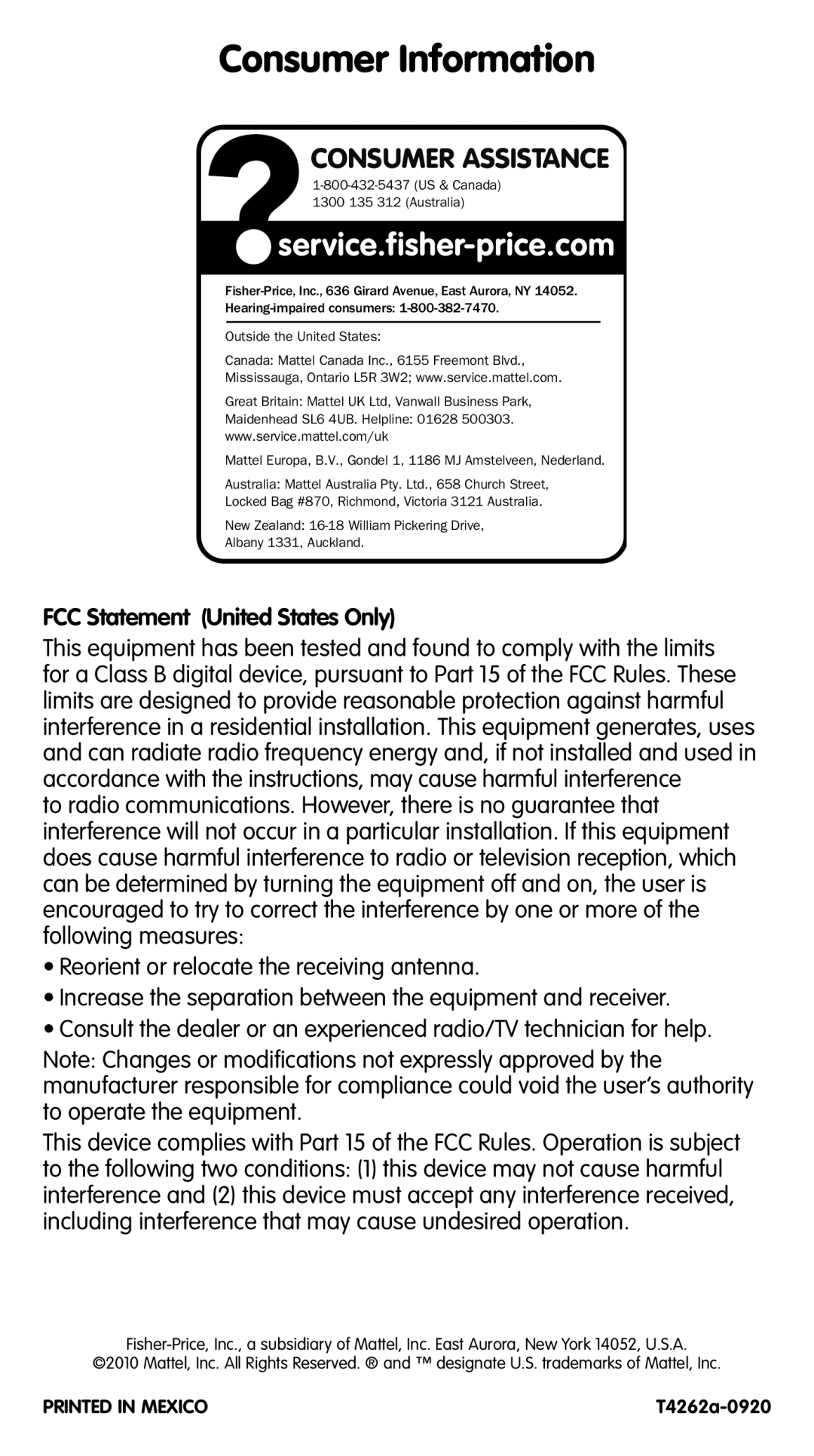 Fisher-Price T4262 instruction sheet Consumer Assistance, FCC Statement United States Only 