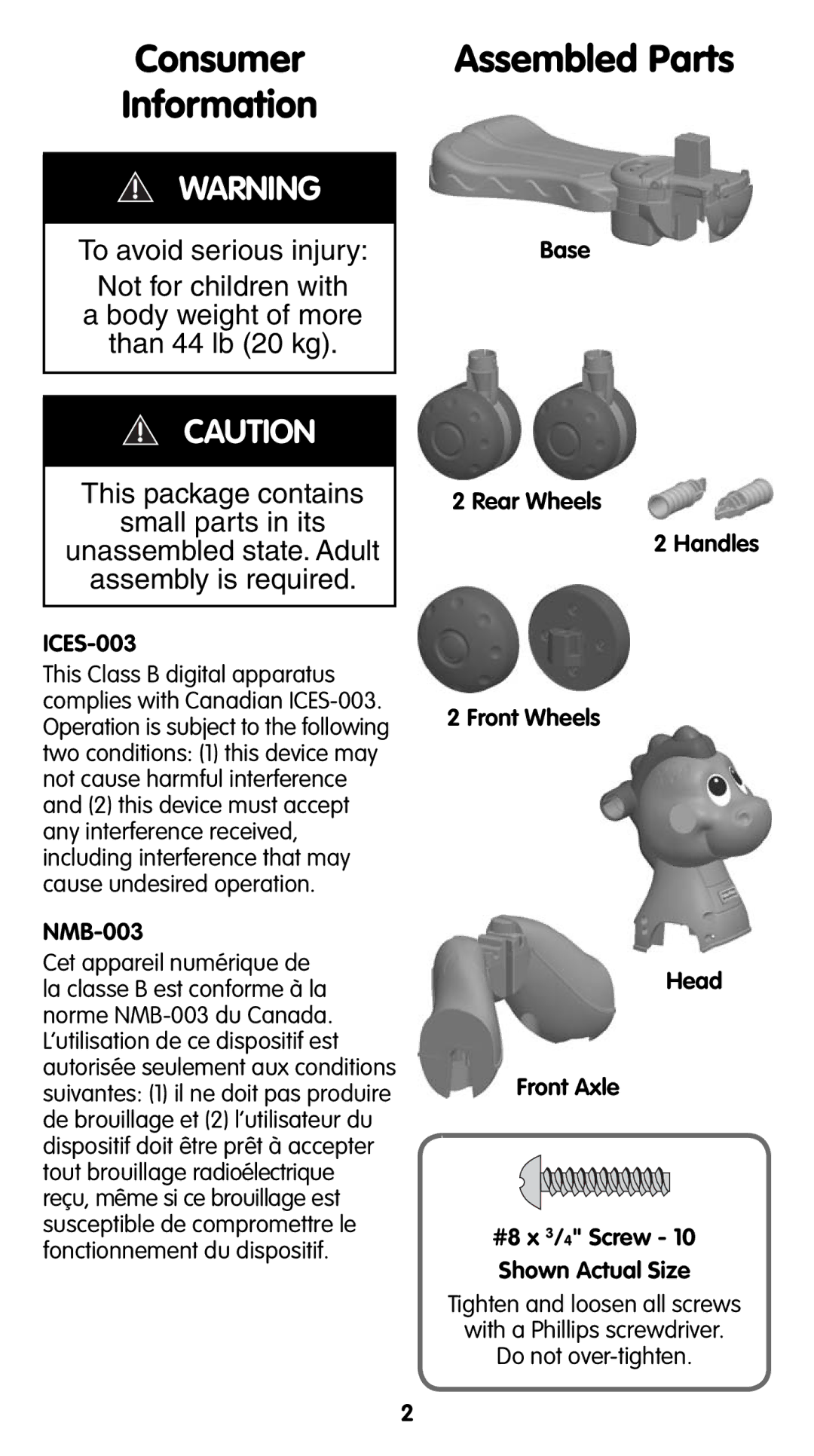 Fisher-Price T4262 instruction sheet Consumer Information, Assembled Parts, ICES-003, NMB-003 