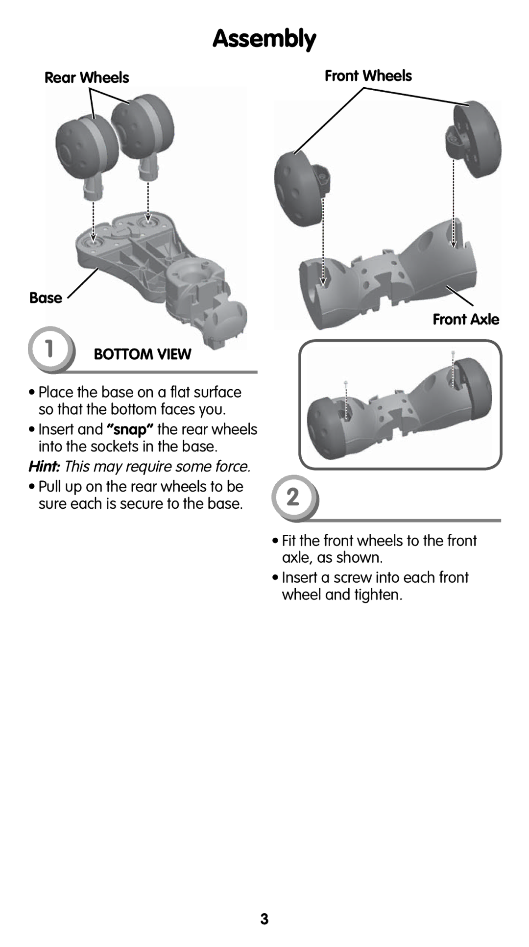 Fisher-Price T4262 instruction sheet Assembly, Rear Wheels Base, Front Wheels Front Axle 