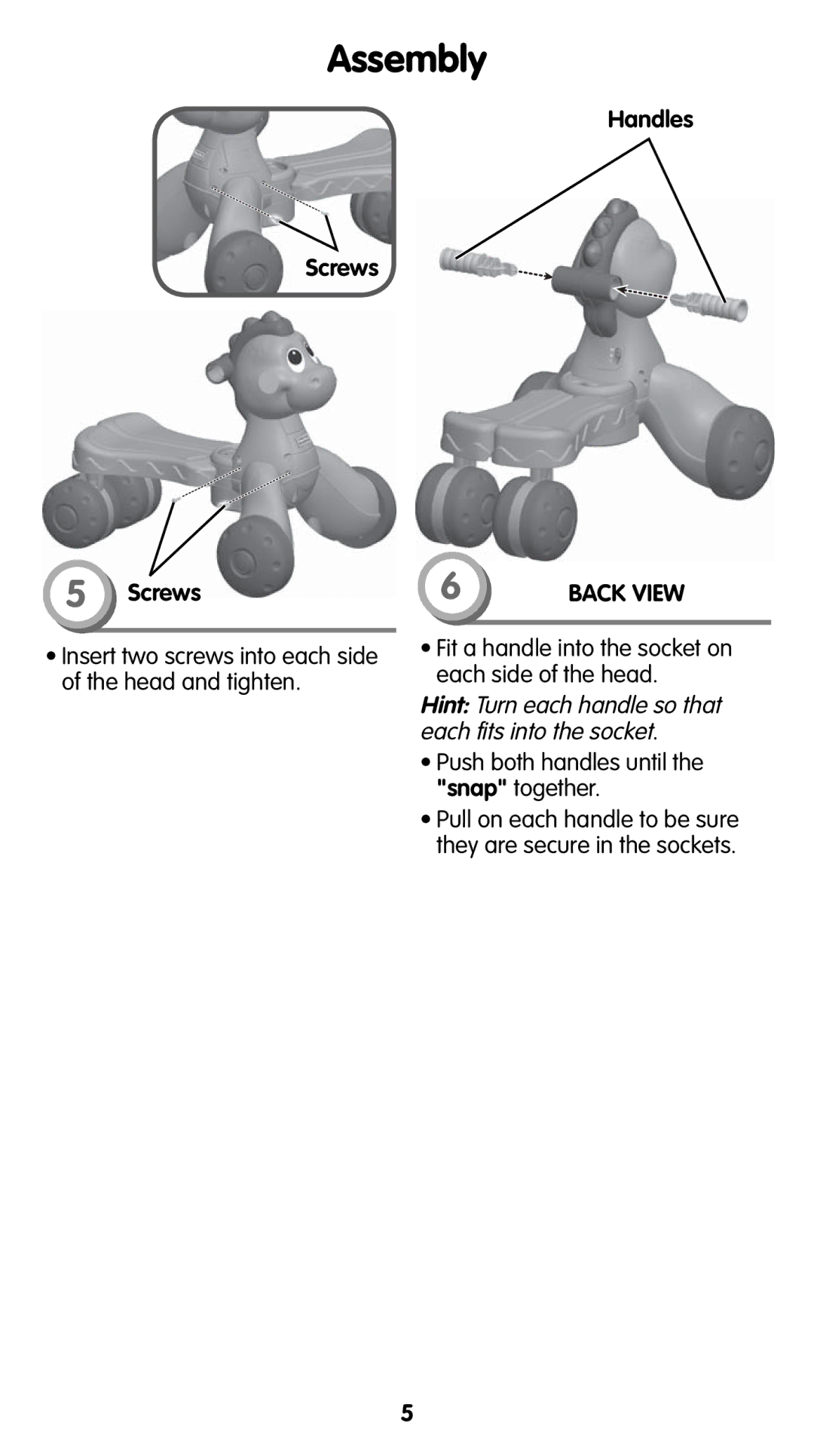 Fisher-Price T4262 instruction sheet Screws, Hint Turn each handle so that each fits into the socket 