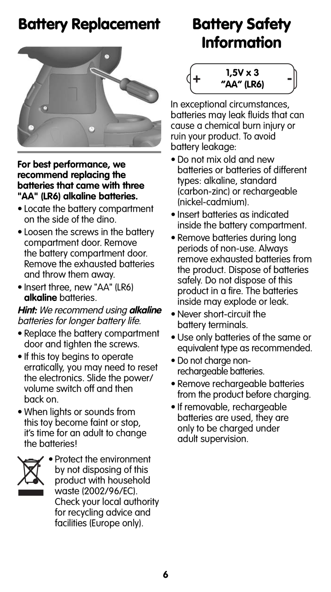 Fisher-Price T4262 instruction sheet Battery Replacement, 5V x AA LR6 