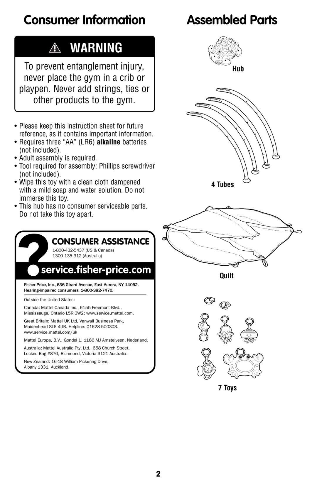 Fisher-Price T4264 manual Consumer Information, Assembled Parts, Hub Tubes Quilt Toys 