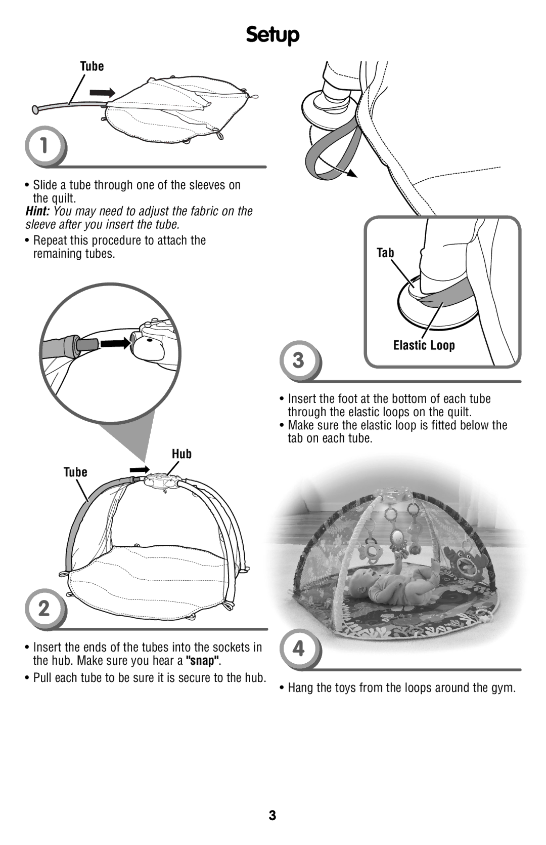 Fisher-Price T4264 manual Setup, Tab Elastic Loop, Hub Tube 
