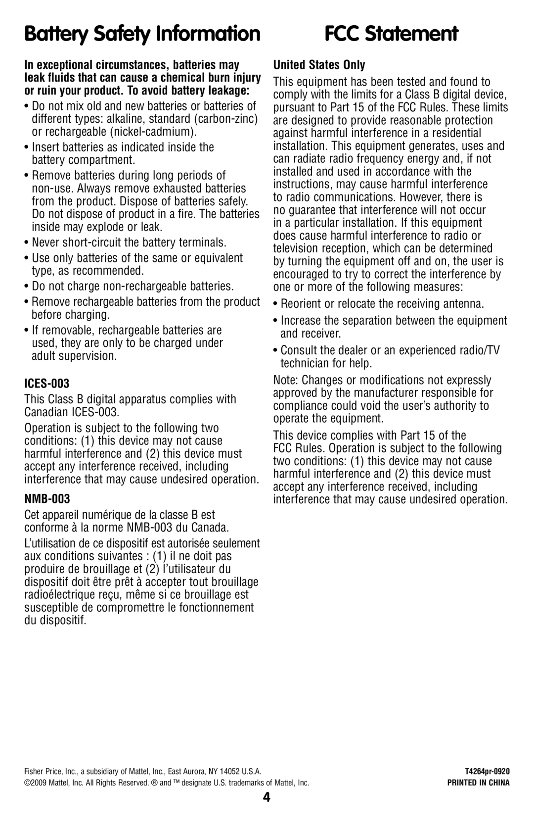 Fisher-Price T4264 manual Battery Safety Information, FCC Statement, ICES-003, NMB-003, United States Only 