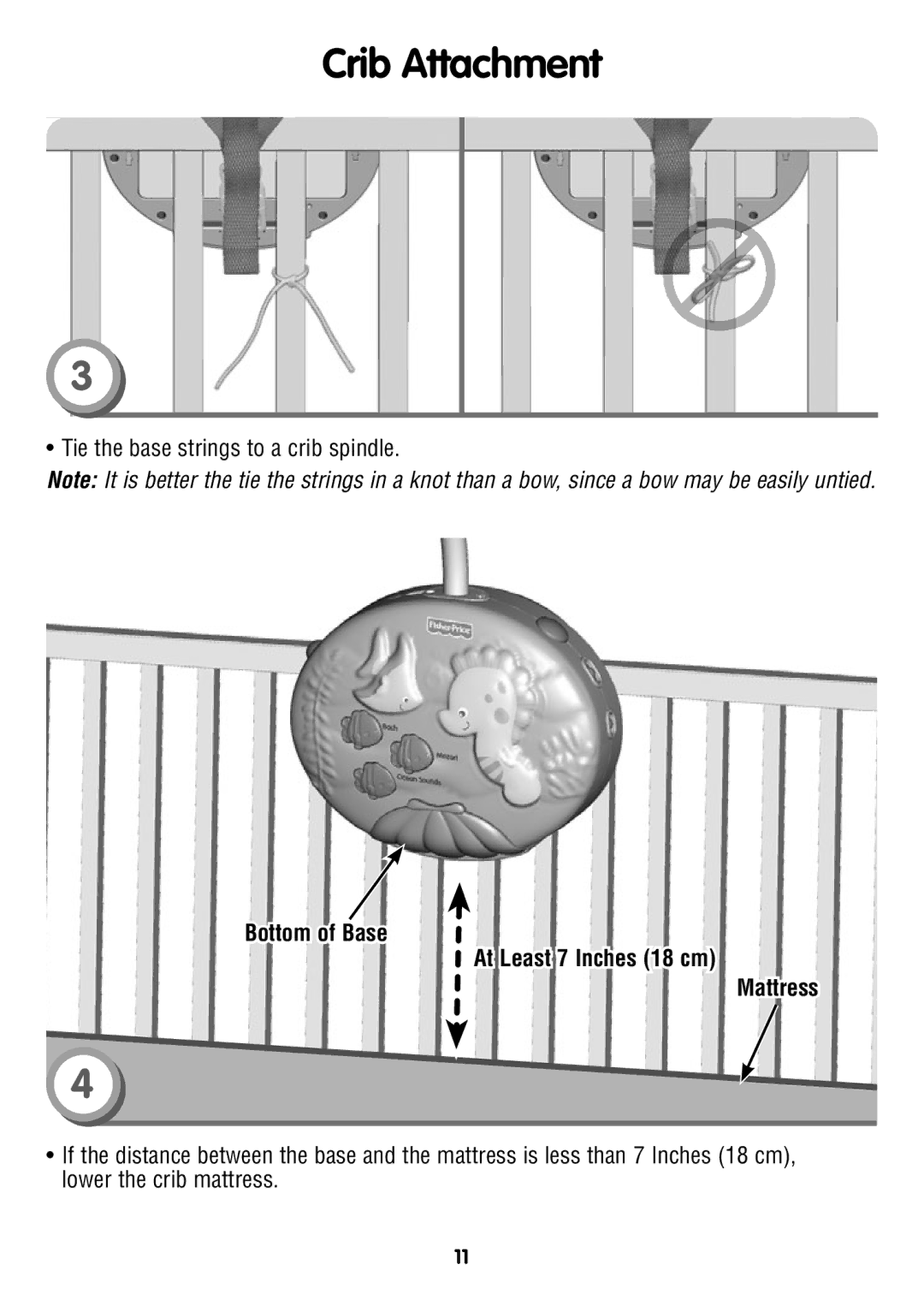 Fisher-Price T4265 instruction sheet Bottom of Base At Least 7 Inches 18 cm Mattress 