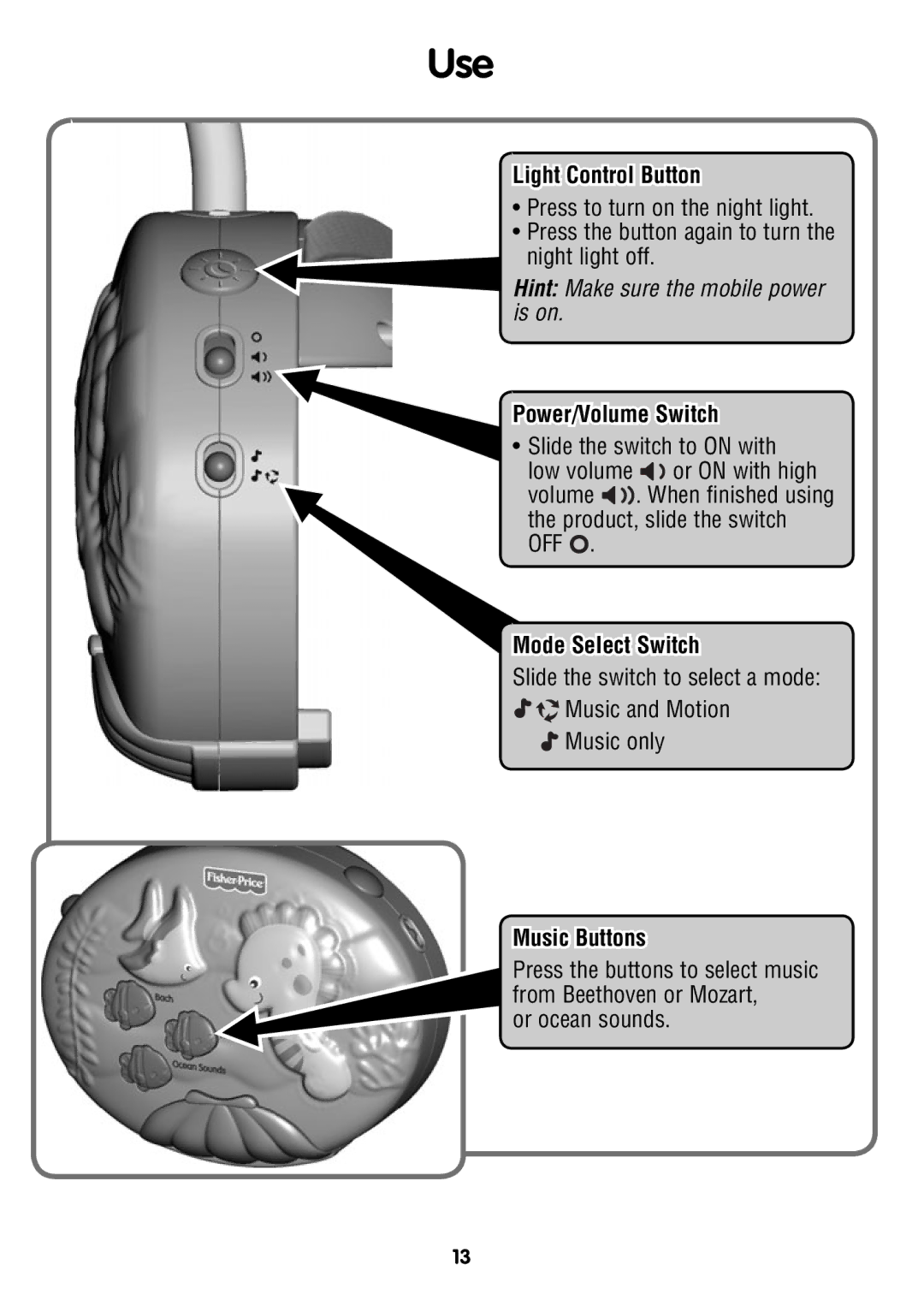 Fisher-Price T4265 instruction sheet Light Control Button, Power/Volume Switch, Mode Select Switch, Music Buttons 
