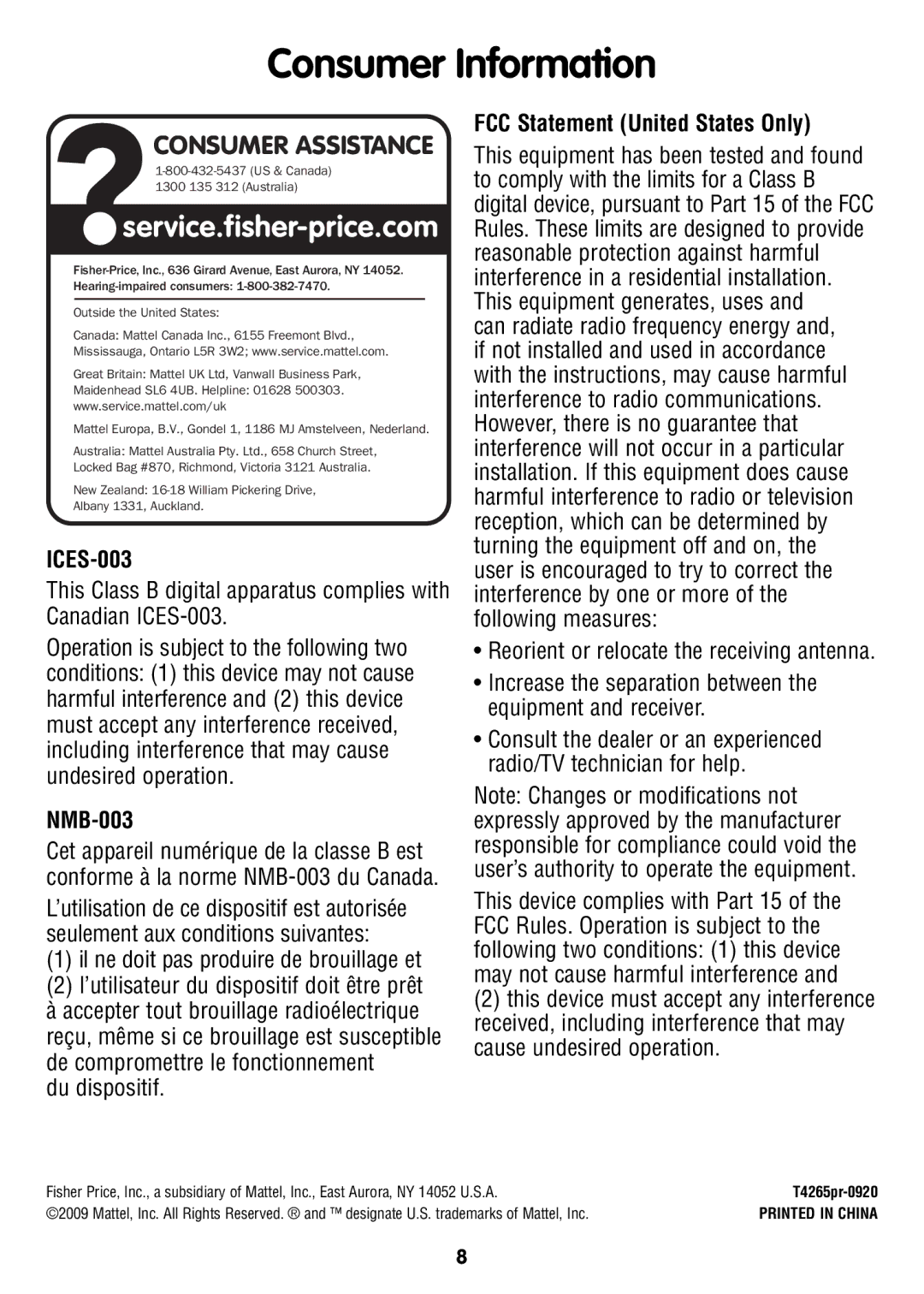 Fisher-Price T4265 instruction sheet ICES-003, NMB-003, FCC Statement United States Only 