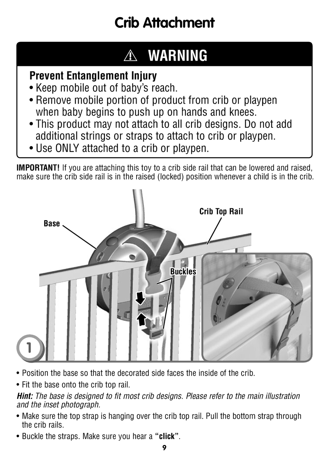 Fisher-Price T4265 instruction sheet Crib Attachment, Crib Top Rail Base Buckles 