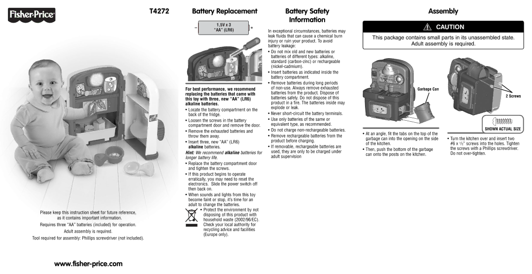 Fisher-Price instruction sheet T4272 Battery Replacement, Battery Safety Information, Assembly, 5V x AA LR6 