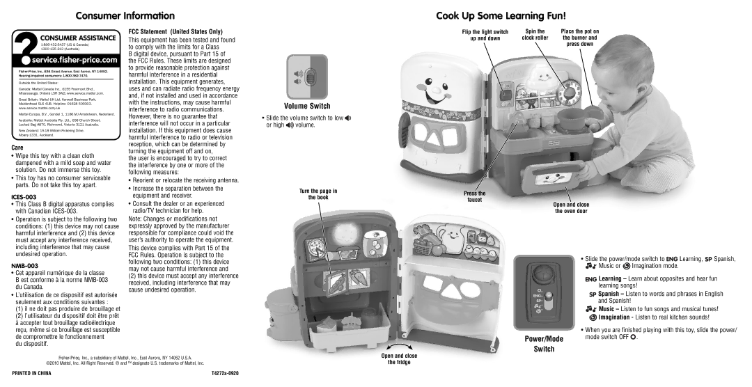 Fisher-Price T4272 instruction sheet Consumer Information Cook Up Some Learning Fun, Volume Switch, Power/Mode Switch 