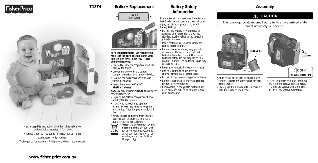 Fisher-Price instruction sheet T4274 Battery Replacement, Battery Safety Information, Assembly, Shown Actual Size 