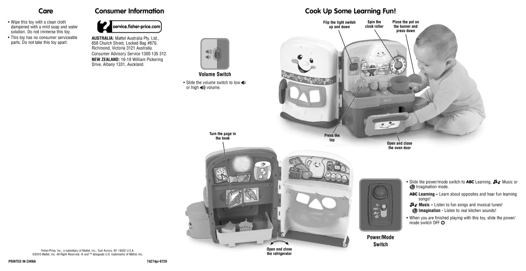 Fisher-Price T4274 Care, Consumer Information, Cook Up Some Learning Fun, Volume Switch, Power/Mode Switch 