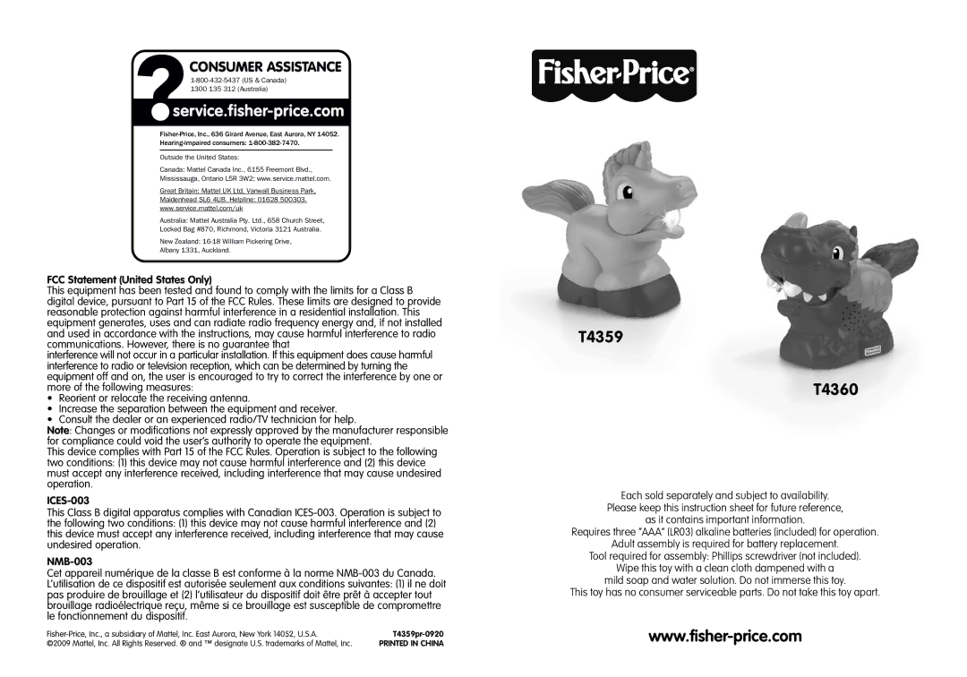 Fisher-Price instruction sheet T4359 T4360, Consumer Assistance, FCC Statement United States Only, ICES-003, NMB-003 