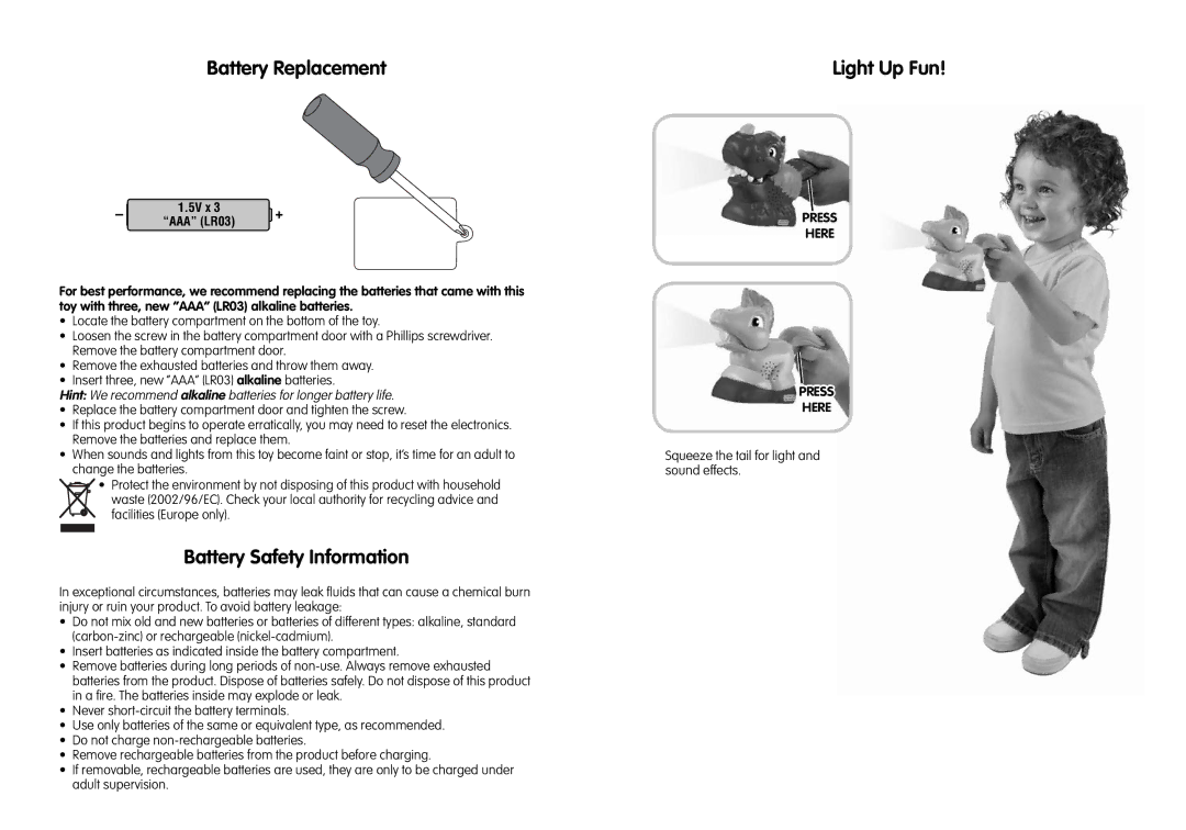 Fisher-Price T4359, T4360 instruction sheet Battery Replacement, Battery Safety Information, Light Up Fun 