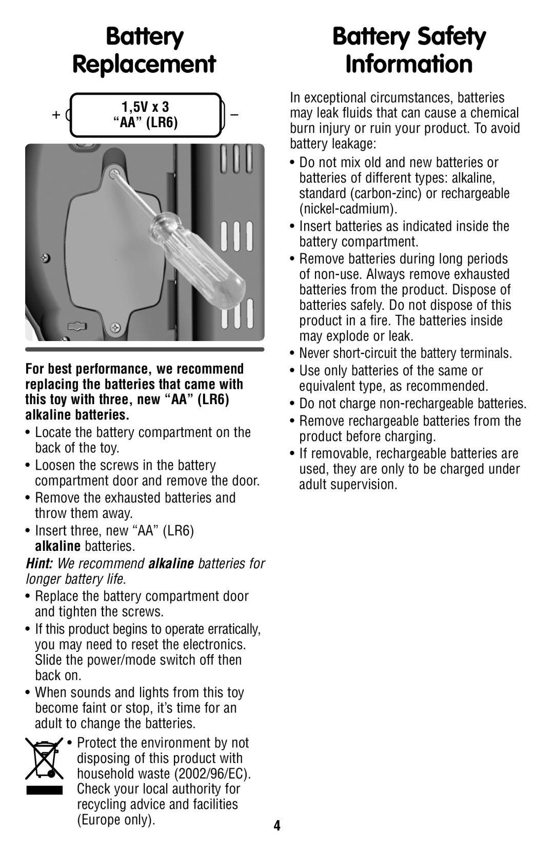 Fisher-Price T4654 manual Battery Battery Safety Replacement Information, 5V x AA LR6 