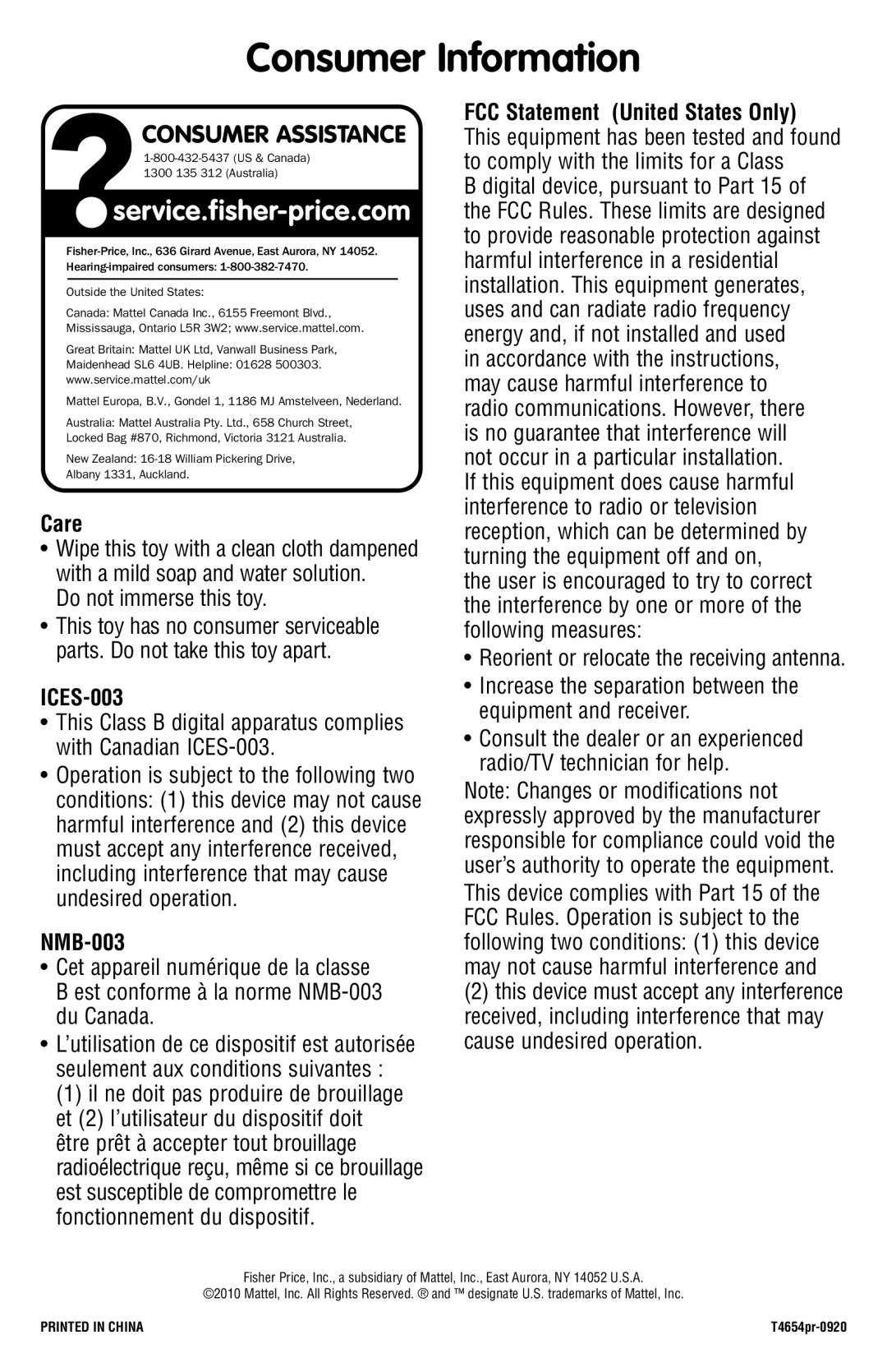 Fisher-Price T4654 manual Consumer Information, Care, ICES-003, NMB-003, FCC Statement United States Only 