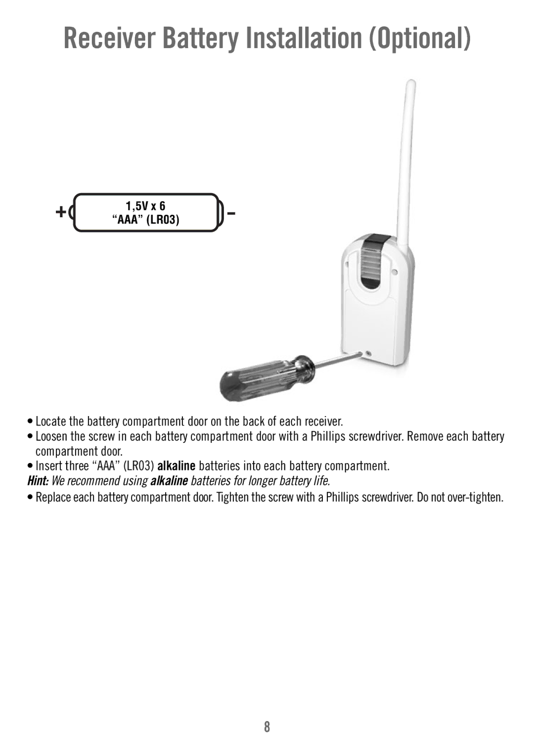 Fisher-Price T4838 manual Receiver Battery Installation Optional 