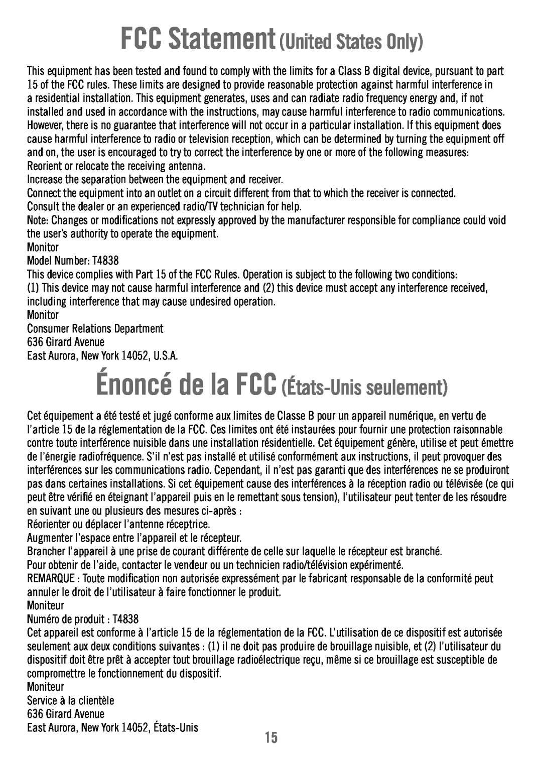 Fisher-Price T4838 manual Énoncé de la FCC États-Unisseulement, FCC Statement United States Only 