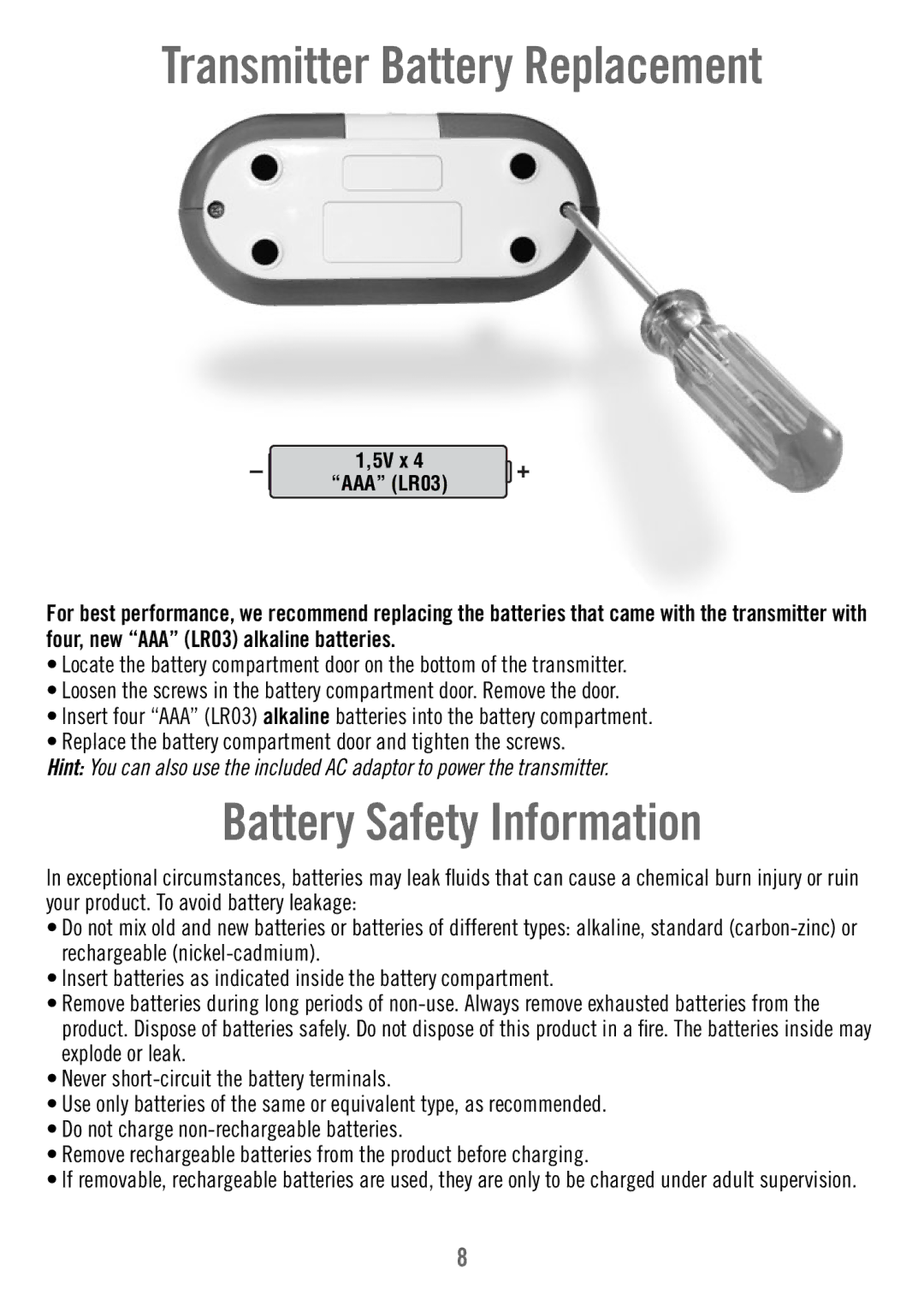 Fisher-Price T4839 manual Battery Safety Information, Transmitter Battery Replacement 