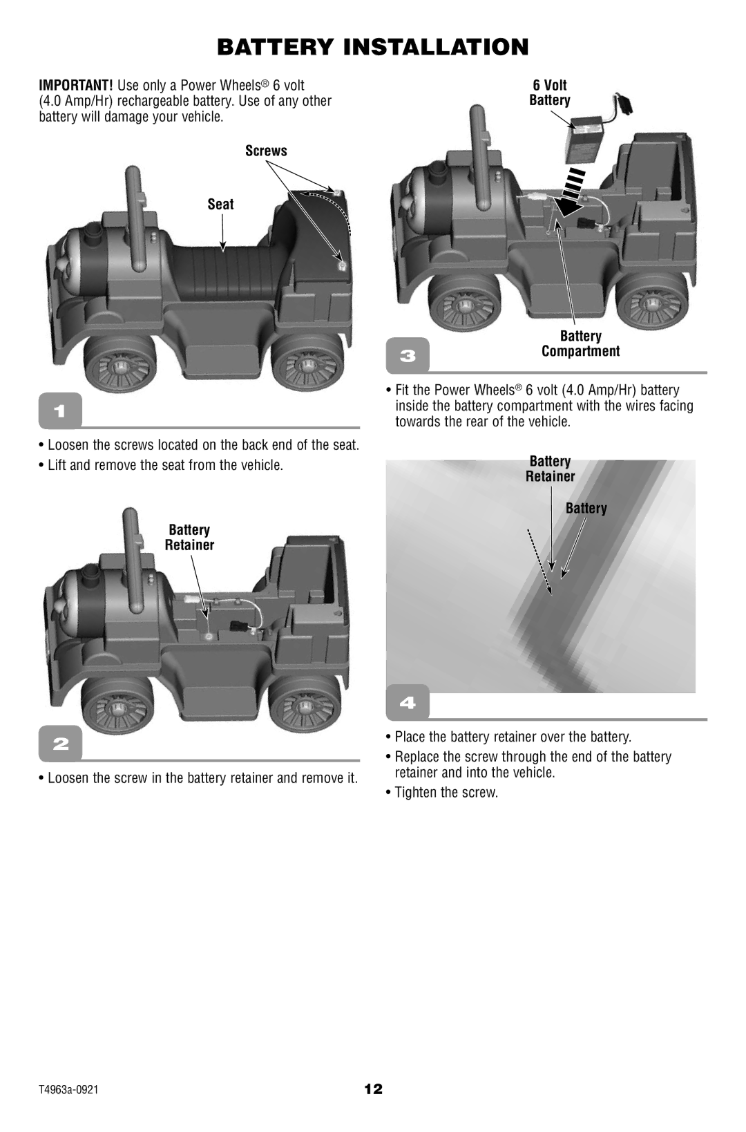 Fisher-Price T4963 owner manual Battery Installation, Battery 3Compartment 