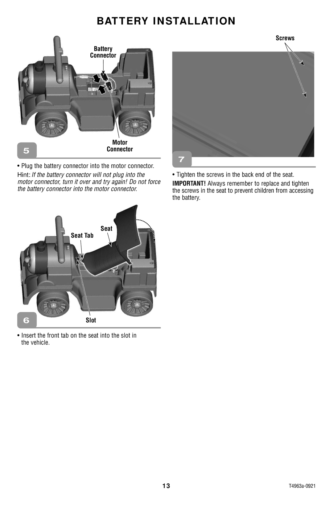 Fisher-Price T4963 owner manual Screws Battery Connector, Seat Seat Tab 6Slot 
