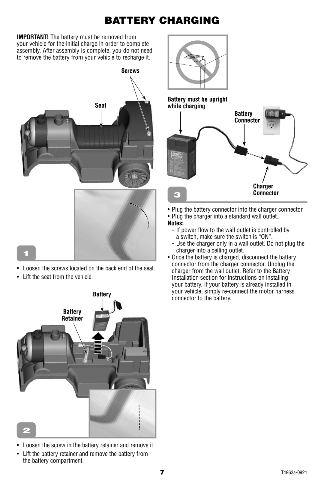 Fisher-Price T4963 owner manual Battery Charging, Screws Seat, Battery Retainer, Charger 