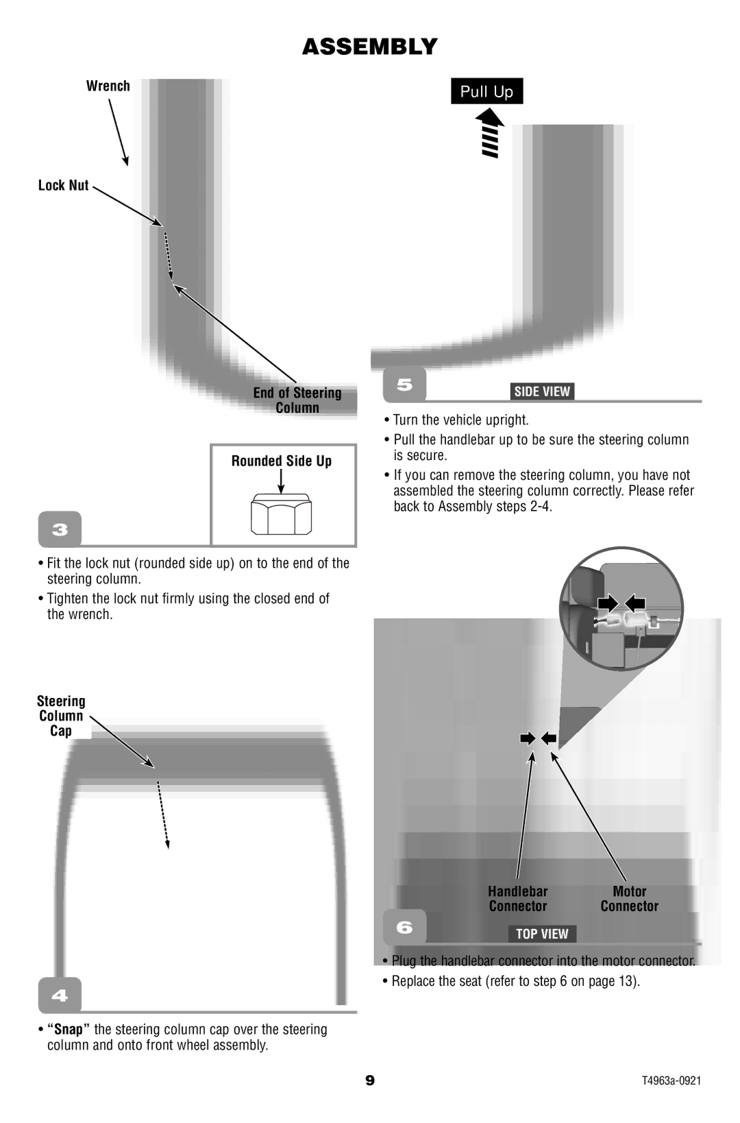 Fisher-Price T4963 owner manual Wrench Lock Nut End of Steering Column Rounded Side Up, Handlebar Motor Connector Connector 