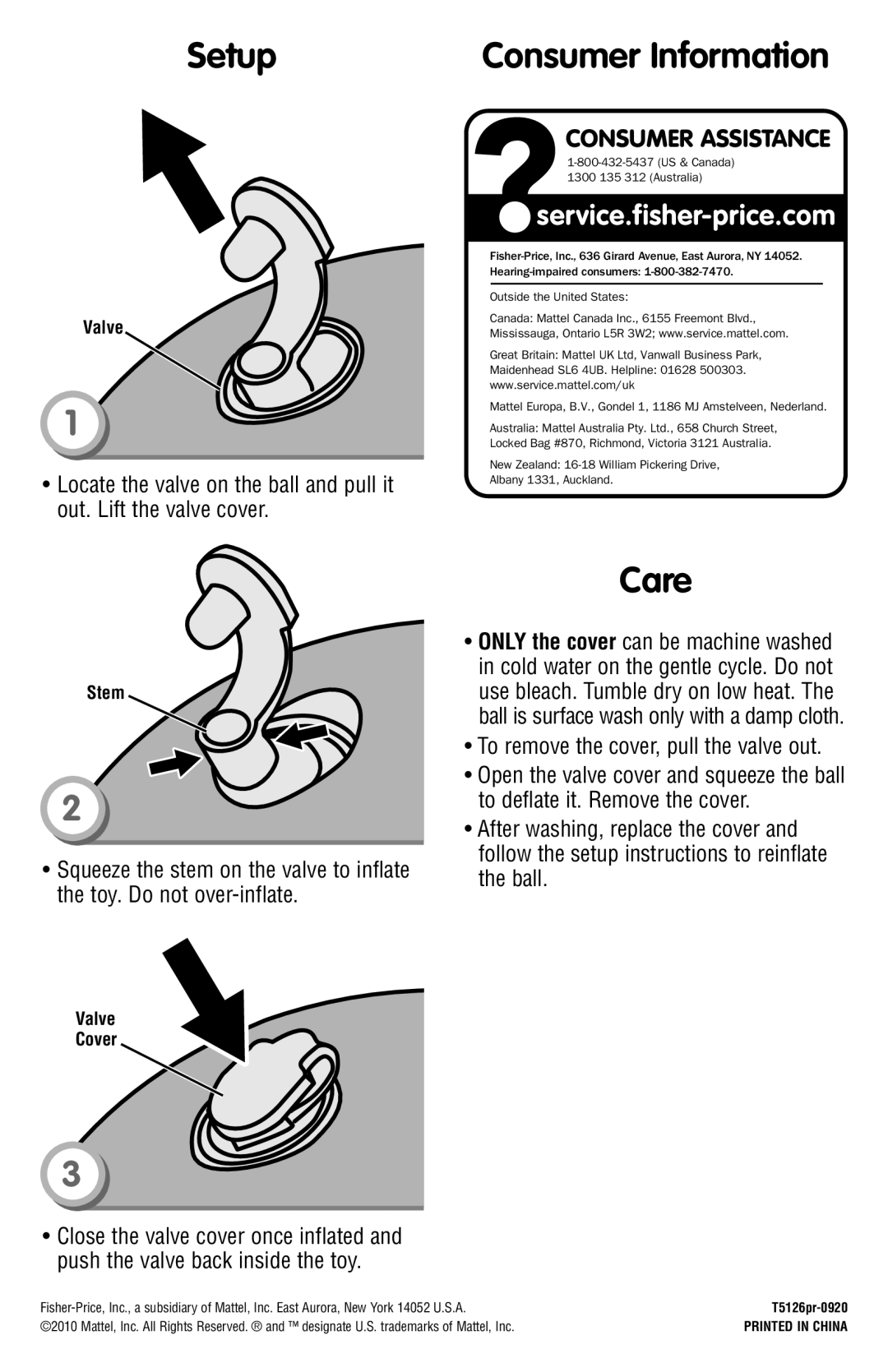 Fisher-Price T5127, T5126 instruction sheet Setup, Consumer Information, Care, Consumer Assistance 