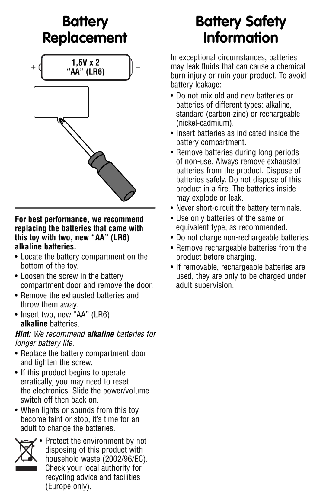 Fisher-Price T5772 manual Battery Replacement, Battery Safety Information, 5V x AA LR6 