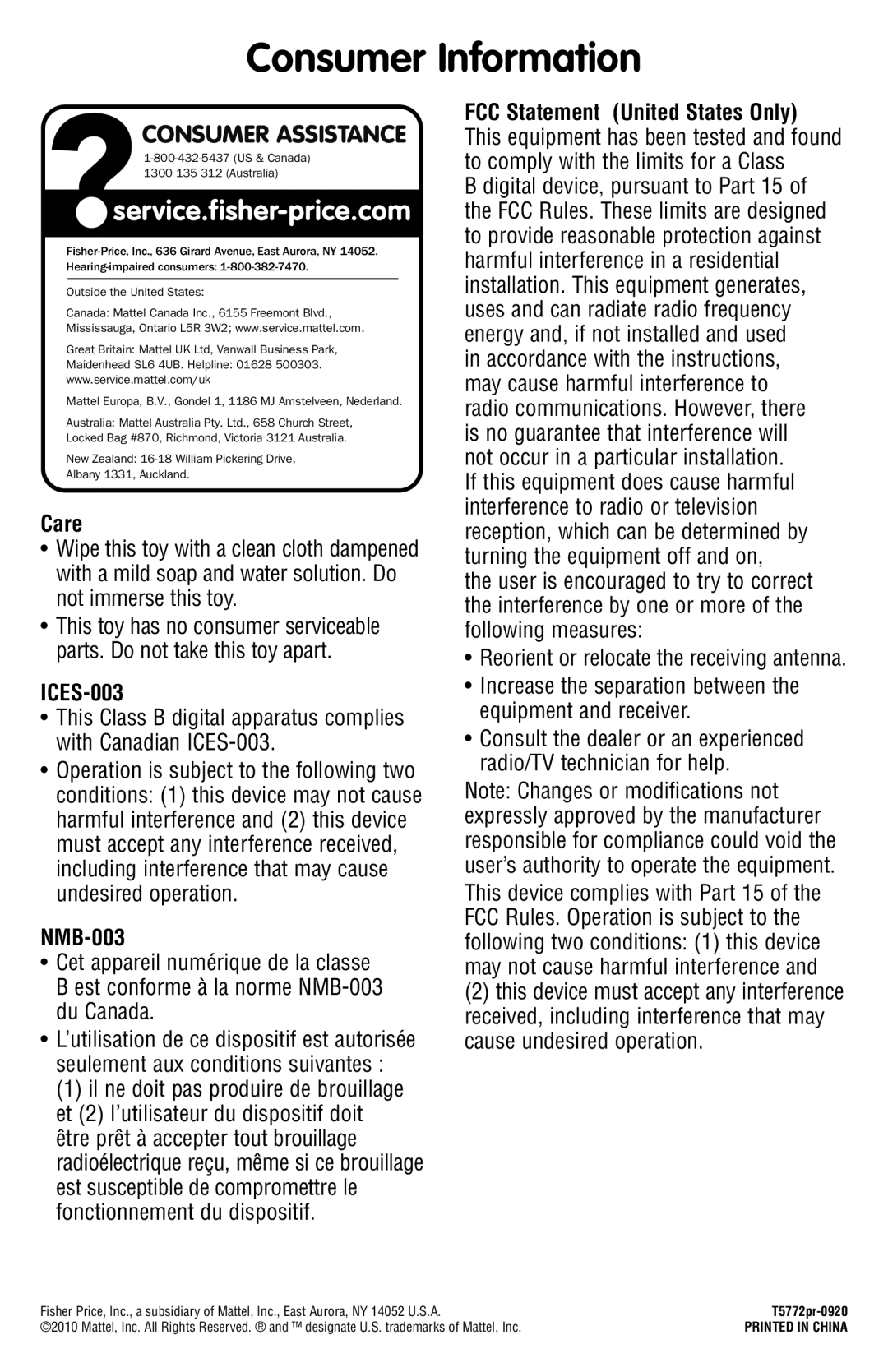 Fisher-Price T5772 manual Consumer Information, Care, ICES-003, NMB-003, FCC Statement United States Only 