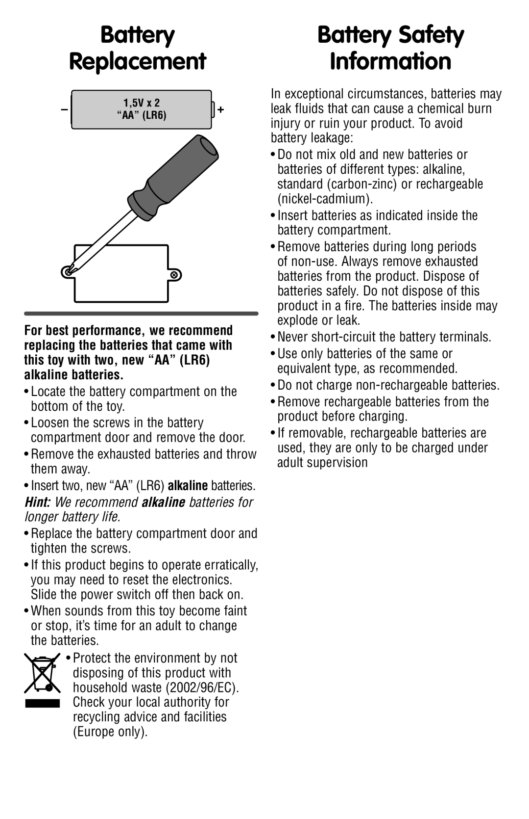 Fisher-Price T5773 manual Battery Battery Safety Replacement Information 