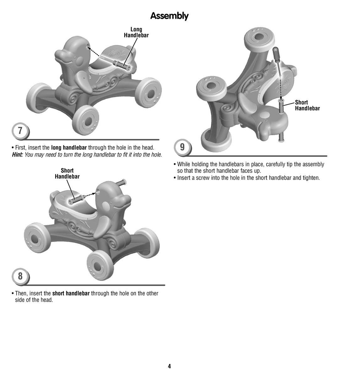 Fisher-Price T6075 instruction sheet Long Handlebar, Short Handlebar 