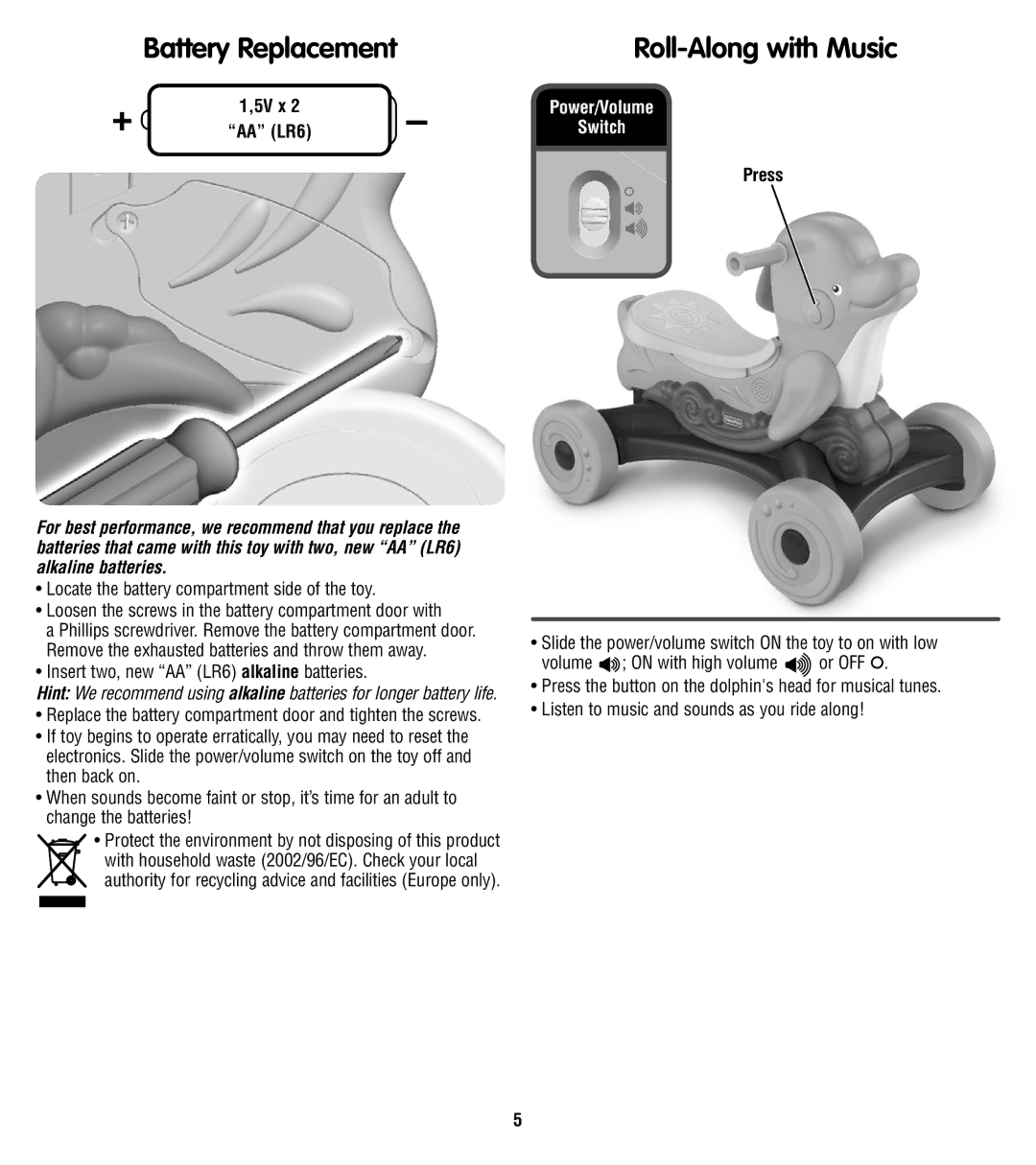 Fisher-Price T6075 instruction sheet Battery Replacement Roll-Along with Music, AA LR6 