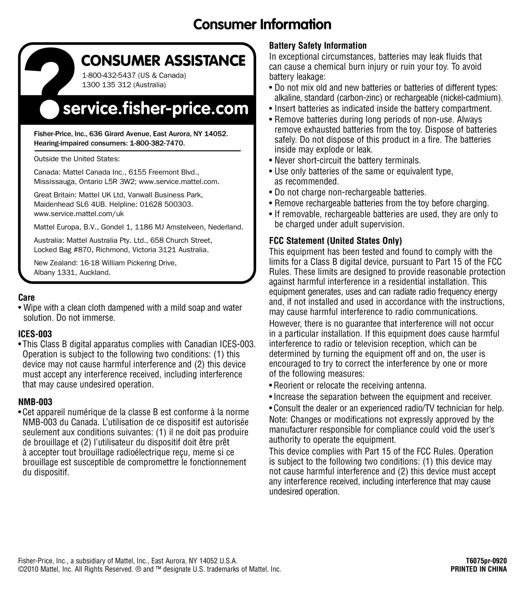 Fisher-Price T6075 instruction sheet Care, ICES-003, NMB-003, Battery Safety Information, FCC Statement United States Only 