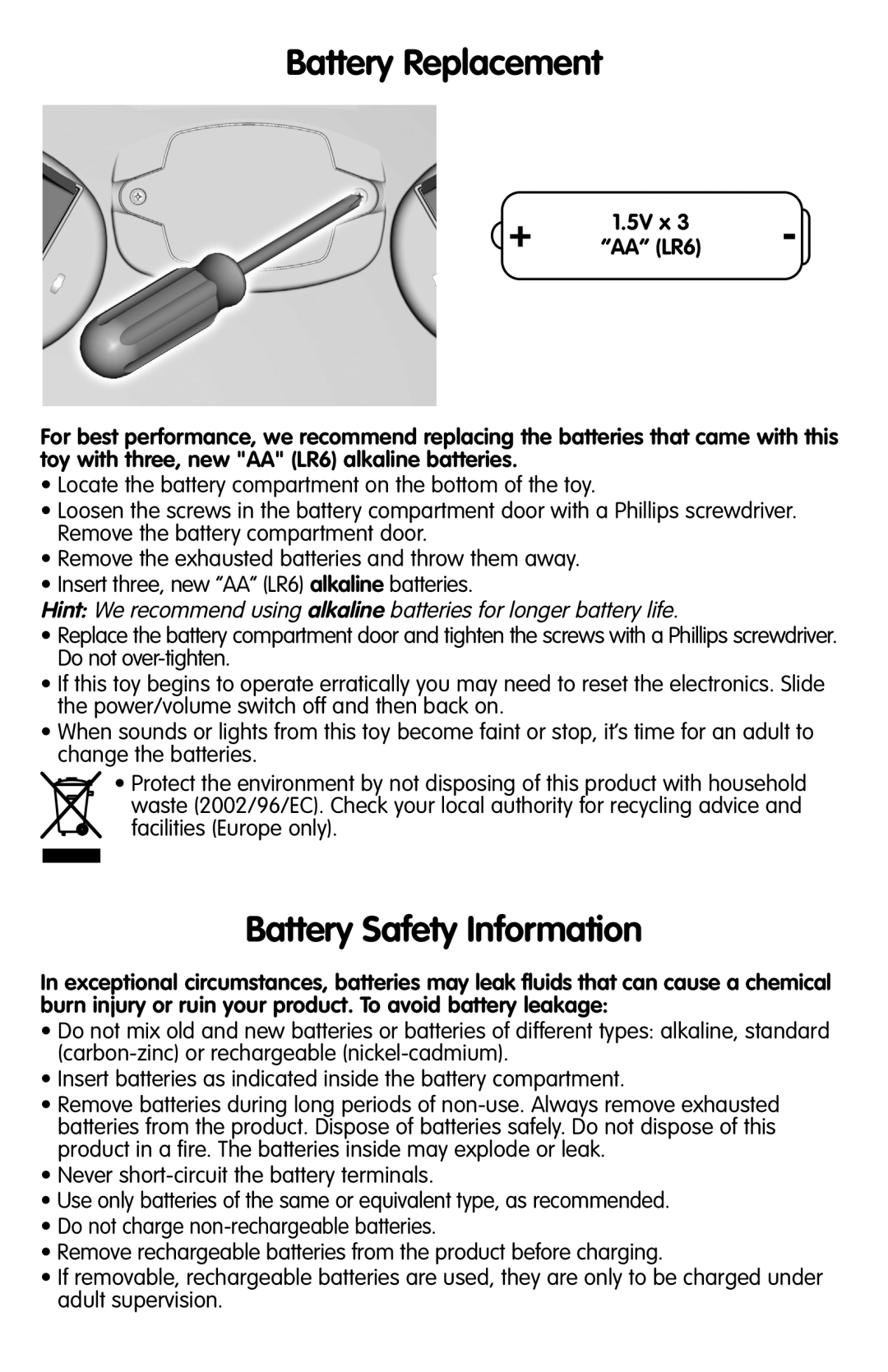 Fisher-Price T6076 instruction sheet Battery Replacement, Battery Safety Information 