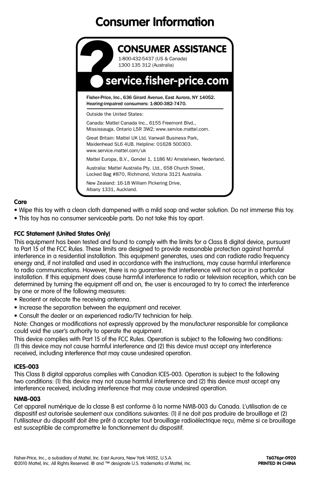 Fisher-Price T6076 instruction sheet Consumer Information, Consumer Assistance 