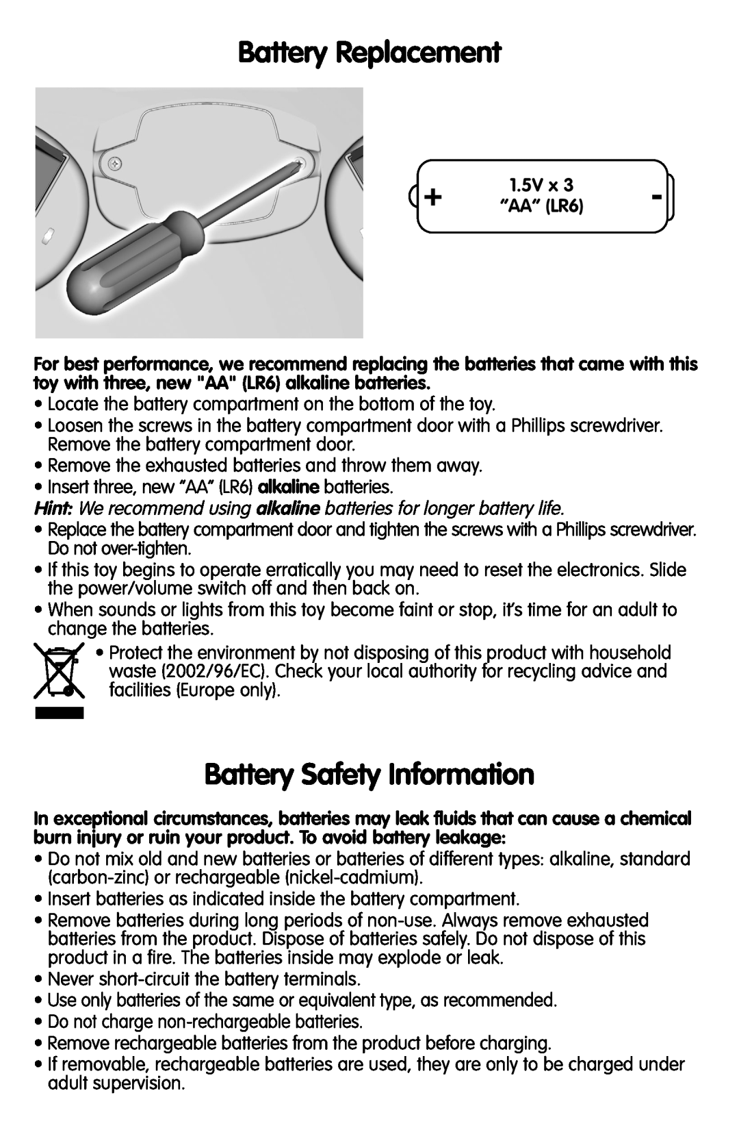 Fisher-Price T6076 instruction sheet Battery Replacement, Battery Safety Information 
