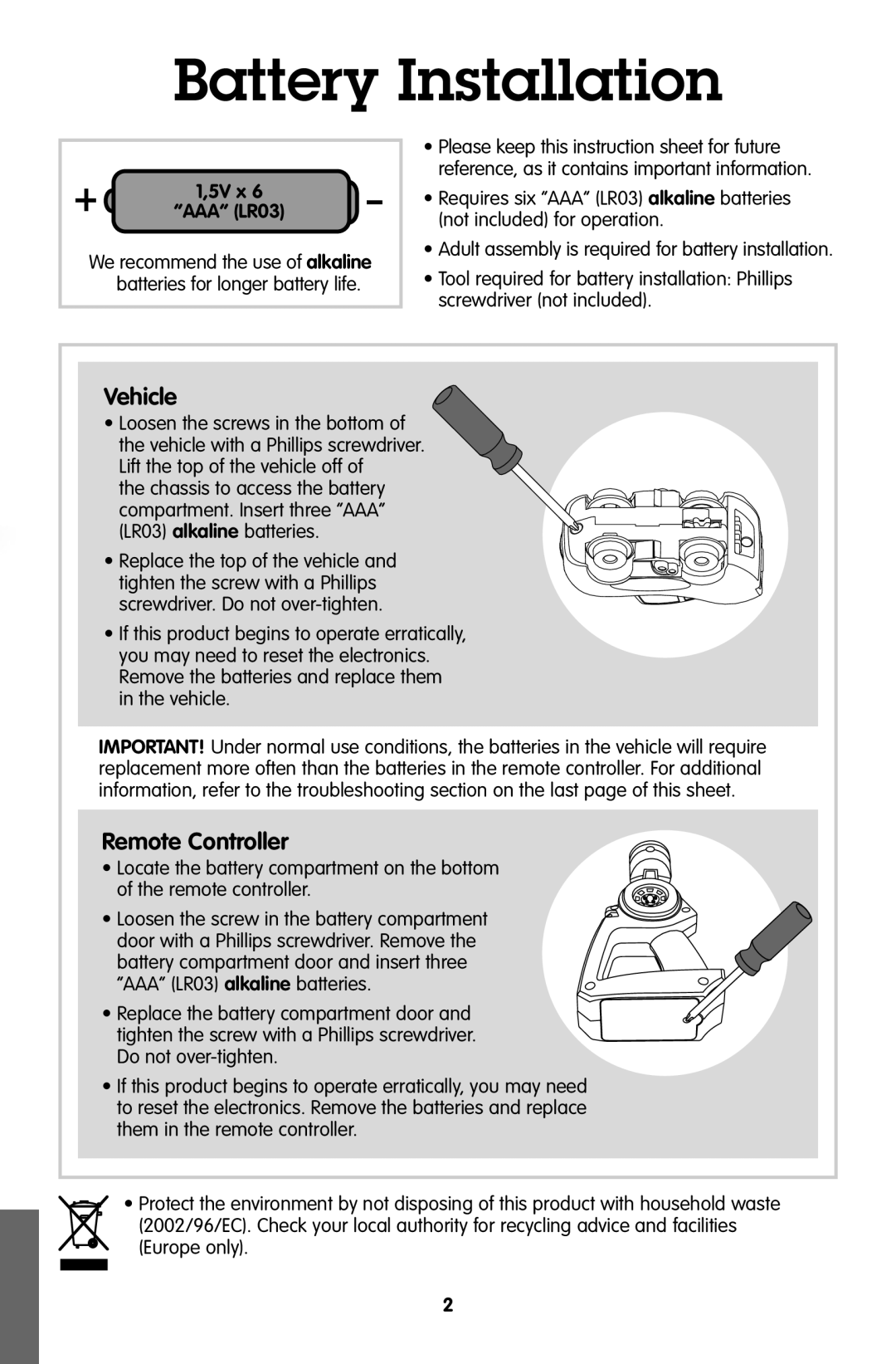 Fisher-Price T6200, T6206 manual Battery Installation, 5V x AAA LR03 