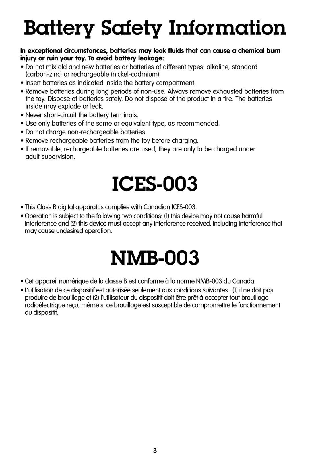 Fisher-Price T6206, T6200 manual Battery Safety Information, ICES-003, NMB-003 