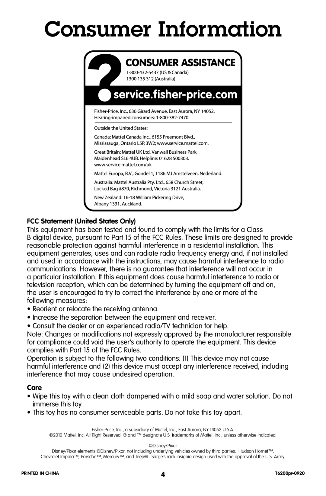 Fisher-Price T6200, T6206 manual Consumer Information, FCC Statement United States Only, Care 