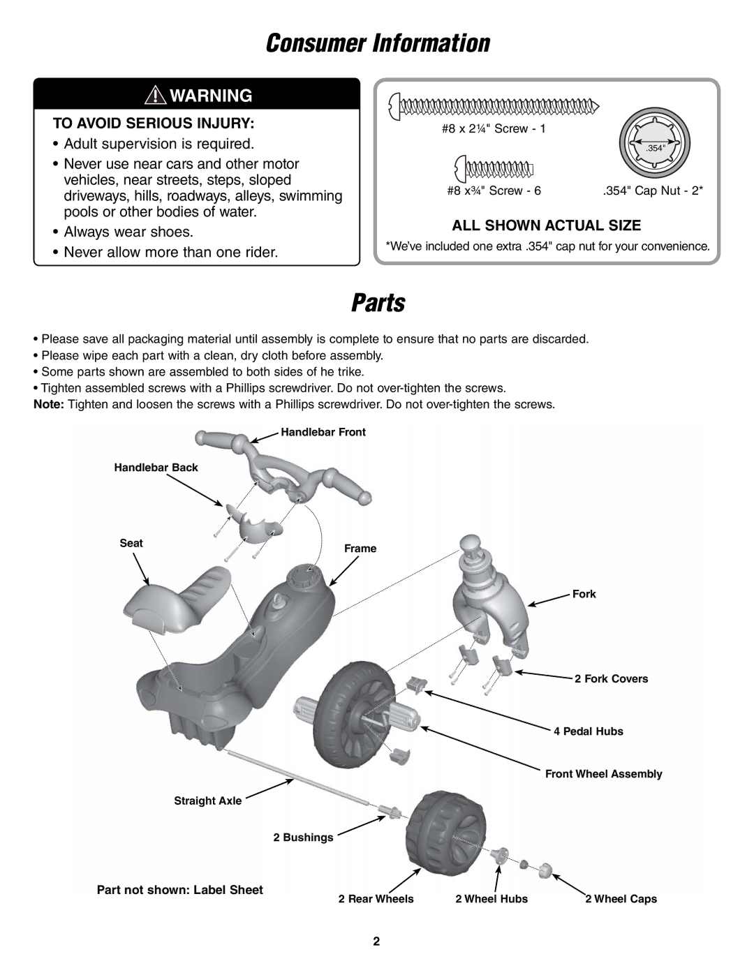 Fisher-Price T6209 instruction sheet Consumer Information, Parts 