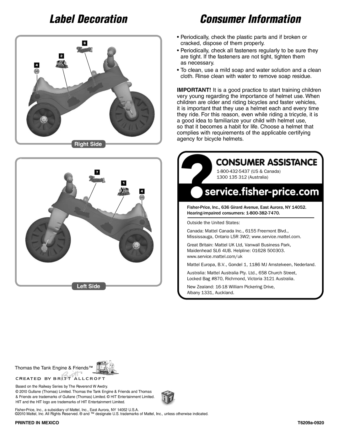 Fisher-Price T6209 instruction sheet Label Decoration Consumer Information, Right Side, Left Side 