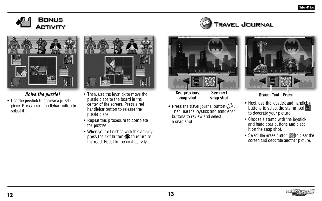 Fisher-Price T6347 manual Bonus Travel Journal Activity, Solve the puzzle, Snap shot, Stamp Tool Erase 