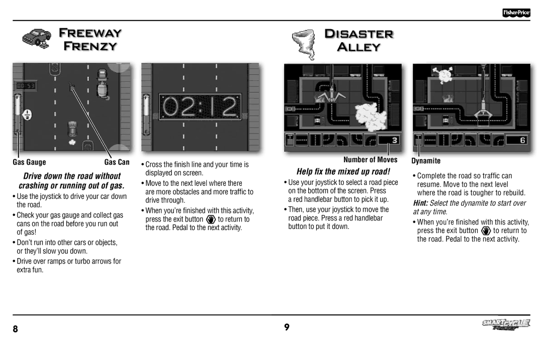 Fisher-Price T6348 manual Freeway Disaster Frenzy Alley, Help ﬁ x the mixed up road, Gas Gauge, Dynamite 