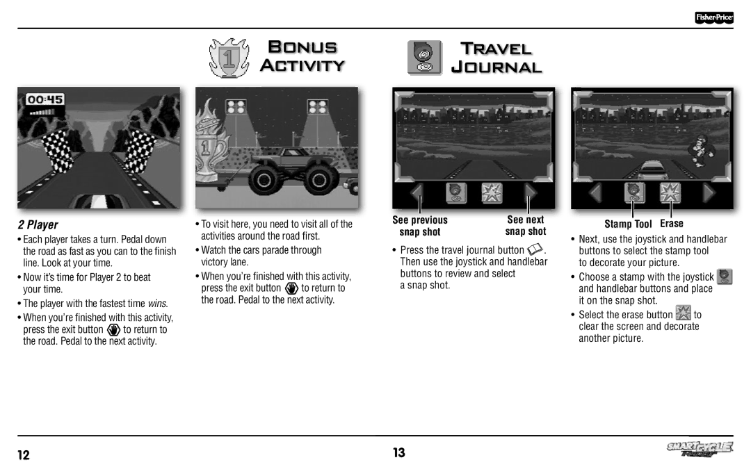 Fisher-Price T6348 manual Bonus Travel Activity Journal, Now it’s time for Player 2 to beat your time, Snap shot 