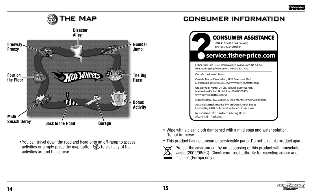 Fisher-Price T6348 manual Map, Disaster Alley, Freeway Frenzy, Math Smash Derby, Number Jump Big Race Bonus Activity Garage 