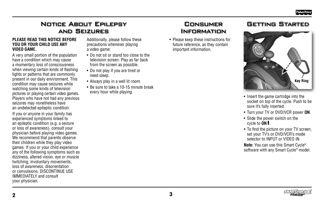 Fisher-Price T6349 manual Seizures Consumer Information Getting Started, An undetected epileptic condition 