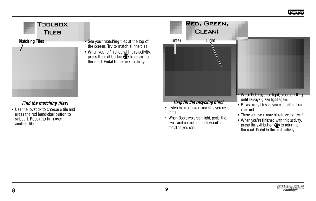 Fisher-Price T6349 manual Toolbox Tiles, Red, Green Clean, Find the matching tiles, Help ﬁll the recycling bins 