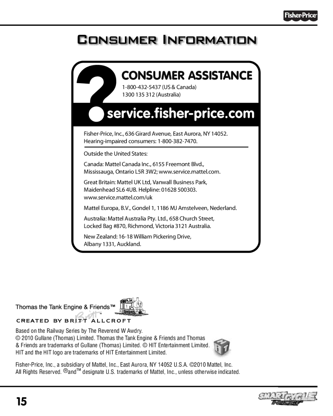 Fisher-Price T6353 manual Consumer Information, Consumer Assistance 