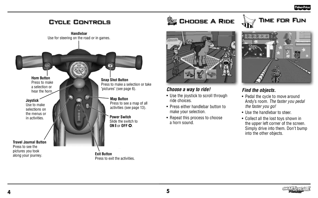 Fisher-Price T6355 manual Cycle Controls, Choose a Ride Time for Fun, Choose a way to ride, Find the objects, Toys 